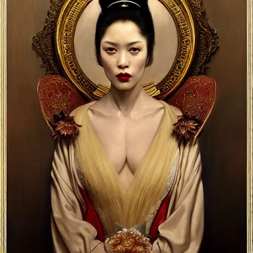 Prompt: highly detailed oil painting | very intricate | cinematic lighting | award - winning | portrait of geisha dressed by alexander mcqueen | by roberto ferri, by tom bagshaw, by j. c. leyendecker and klimt, american romanticism, by austin osman spare, artstation, cgsociety, official art, octane