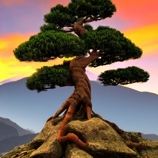 Prompt: a giant bonsai on a mountain, with sunset, far shot, HDR, 8k, trending on artstation