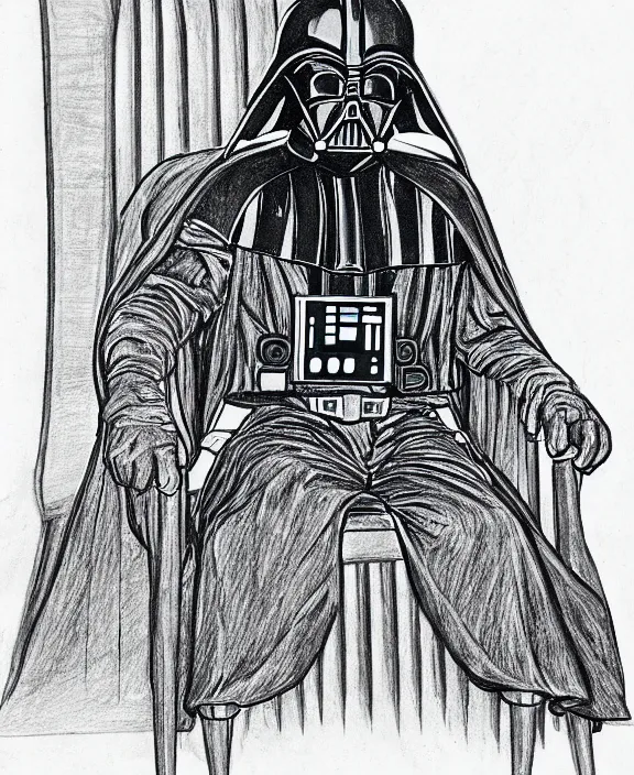 Image similar to a detailed fineliner drawing of darth vader relaxing in an armchair