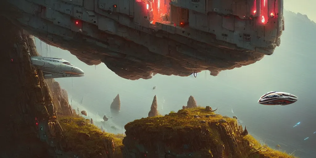 Prompt: A crashlanded spaceship hanging dangerously over a cliff, about to fall, detailed digital matte painting by Greg Rutkowski and Simon Stalenhag