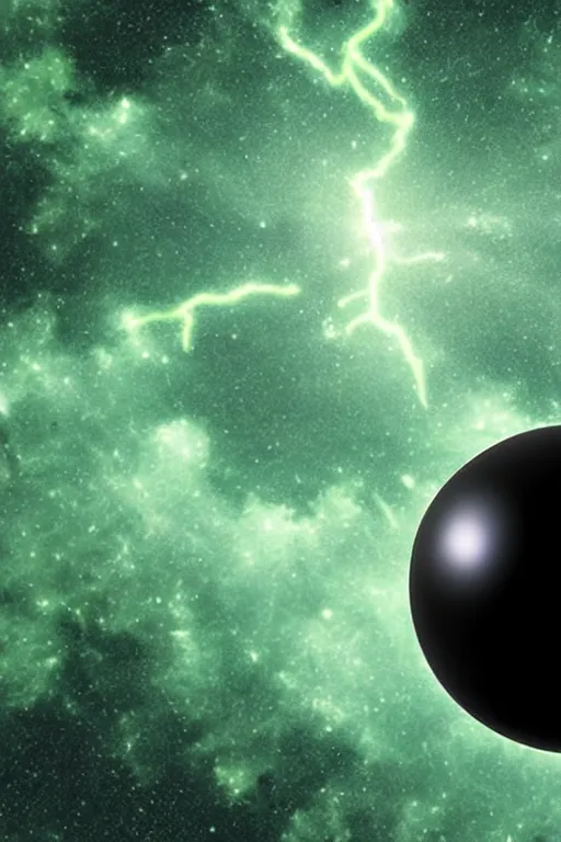 Image similar to a hyper realistic black sphere surrounded by green lightning and mist in the middle of the galaxy