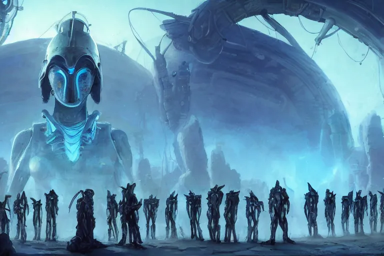 Prompt: ancient alien portral, a crowd of androids lined up for the portal, pilgrimage, in mad max style, stargate, coriolios rpg art style, full of details, dark sci - fi, cold blue colors, matte painting, artstation, 8 k, hyperrealistic, style of peter mohrbacher