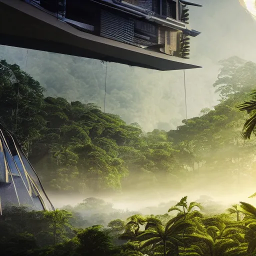 Image similar to extreme wide shot a futuristic containment building in a rainforest valley with a city in the distance, national geographic, hyper realistic, 4 k, warm light, the will to endure, artstation