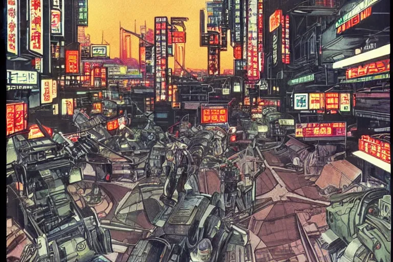 Image similar to 1 9 7 9 science fiction depicting mechwarrior walking at street level in neo - tokyo with beautiful scenery. art by tim conrad and vic bonilla