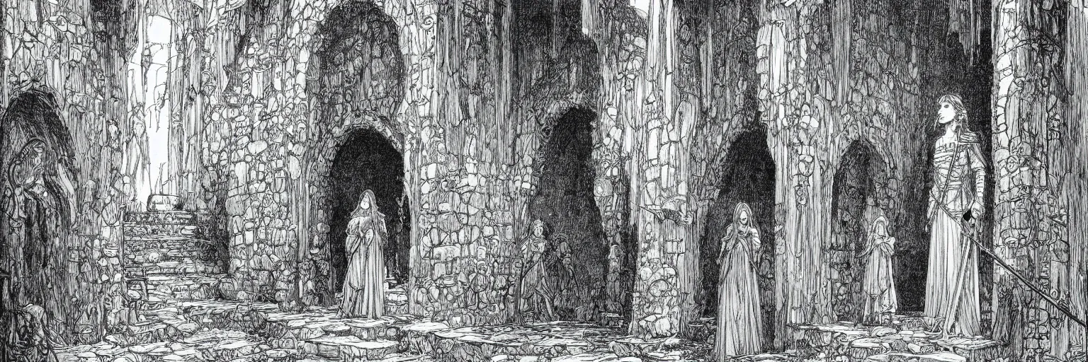 Image similar to tunic link entering the labyrinth pen-and-ink illustration by Franklin Booth, fish eye lense