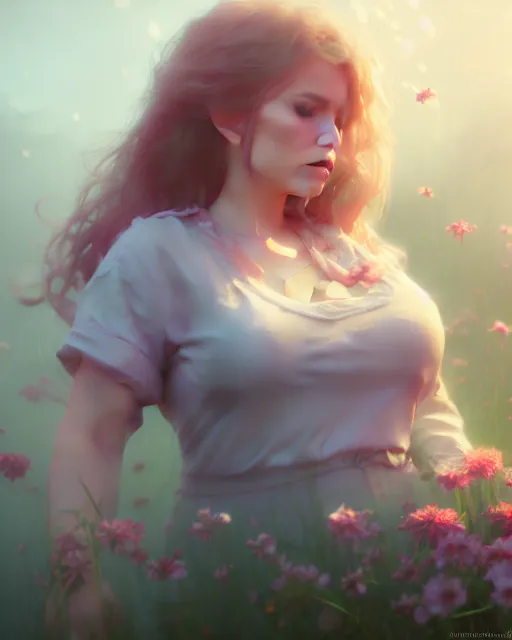 Prompt: tuesday weld surrounded by mist and pretty flowers, very detailed, realistic face, detailed face, matte, tonemapping, bbwchan, perfection, 4 k, cushart krenz, cinematic, atmospheric