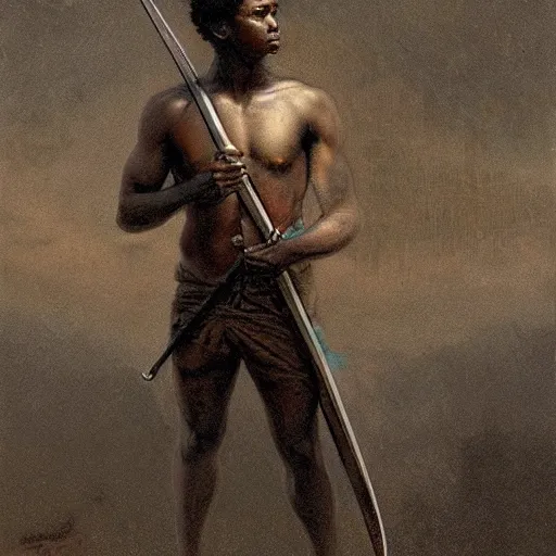 Prompt: artstation concept of a Young man with a bare upper body holding a sword in both hand, brown skin, face, silver garment, shiny colorful, hyperdetailed, artstation trending, world renowned artists, worth1000.com, historic artworks society, antique renewel, cgsociety, by greg rutkowski, by Gustave Dore, Deviantart