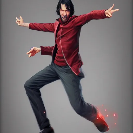 Image similar to character concept art of keanu reeves in a dynamic pose | cute - fine face, pretty face, realistic shaded perfect face, fine details by stanley artgerm lau, wlop, rossdraws, james jean, andrei riabovitchev, marc simonetti, and sakimichan, tranding on artstation