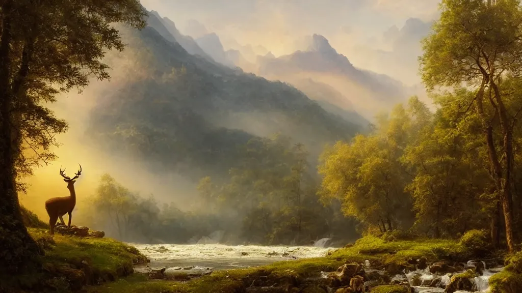 Image similar to the most beautiful panoramic landscape, oil painting, where a giant dreamy waterfall creates a river, the trees around are starting to bloom in a great variety of colors, a majestic deer is drinking water from the river and a ray light of the sunset is brightening him, by greg rutkowski