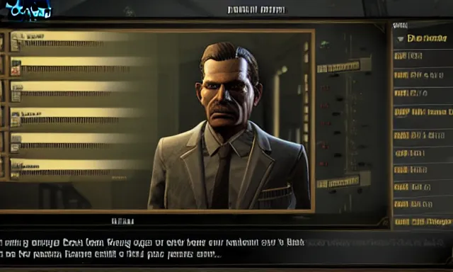 Image similar to ingame dialog talking!!!!!!!!! to dennis!!!!! bateman!!!!! in fallout 5, hd 4 k max settings raytracing