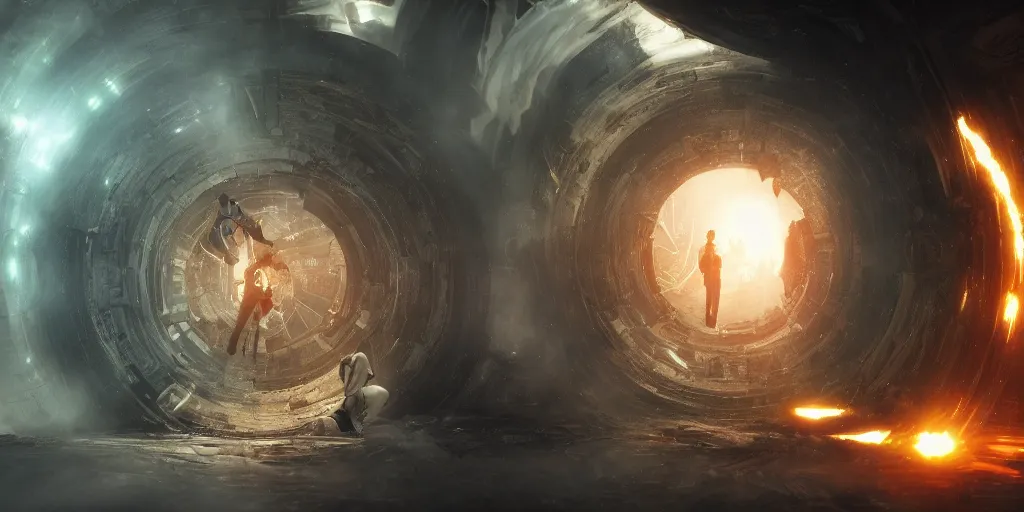 Prompt: an intricate concept art of a a man getting sucked into a portal in his bedroom, action film color palette, artstation, deviantart, octane render, cinematic, inception concept, christopher nolan film style