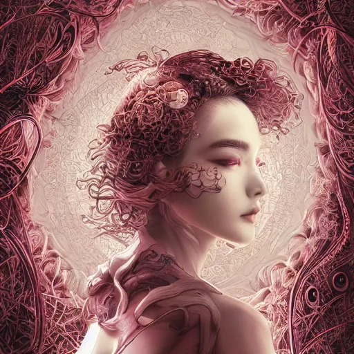 Prompt: the portrait of an absurdly beautiful, graceful, elegant, sophisticated, fashionable cyberpunk gravure idol, an ultrafine hyperdetailed illustration by kim jung gi, irakli nadar, takato yamamoto, intricate linework, bright colors, porcelain skin, unreal engine 5 highly rendered, fractal background, global illumination, radiant light, detailed and intricate environment