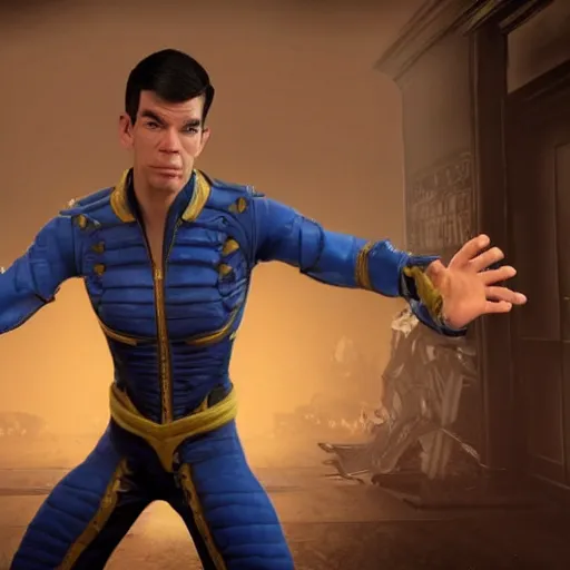 Image similar to John Mulaney rendered in Mortal Kombat 11 in a fight pose