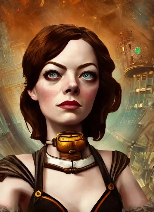 Image similar to Bioshock steampunk portrait of Emma Stone, au naturel, hyper detailed, digital art, trending in artstation, cinematic lighting, studio quality, smooth render, unreal engine 5 rendered, octane rendered, art style by klimt and nixeu and ian sprigger and wlop and krenz cushart.