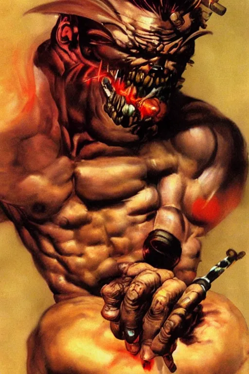 Prompt: A muscular demon smoking a cigar in a cyberpunk setting, by Frank Frazetta, 1980s color palette, Trending on Artstation, highly detailed,