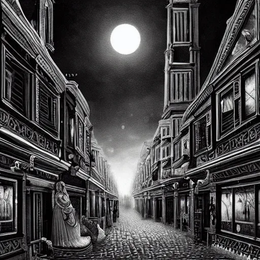 Image similar to ultra realist soft painting of a curiosities fair by night, nightmare horror, omnious sky, symmetry accurate features, very intricate details, black and white, volumetric light clouds