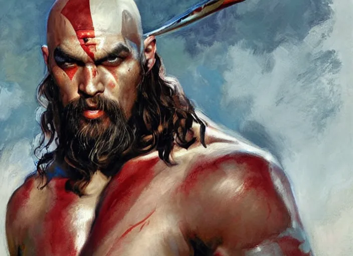 Image similar to a highly detailed beautiful portrait of jason momoa as kratos, by gregory manchess, james gurney, james jean