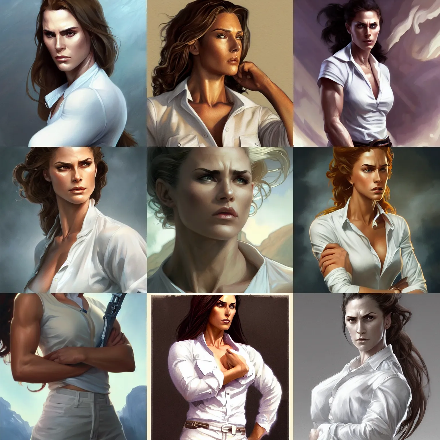 Prompt: female doc savage, white shirt, muscular, fantasy, portrait, highly detailed, digital painting, artstation, concept art, sharp focus, illustration, art by artgerm and greg rutkowski and alphonse mucha