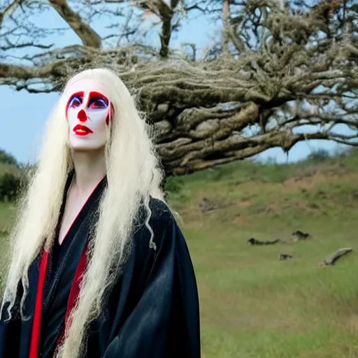 Image similar to a beautiful english woman with a long face narrow nose pale skin blue eyes red lips and wild messy tangles of curly white blonde hair, high resolution film still wearing a black robe and skull necklace and holding a crescent moon spade, sandy, a journey to the west