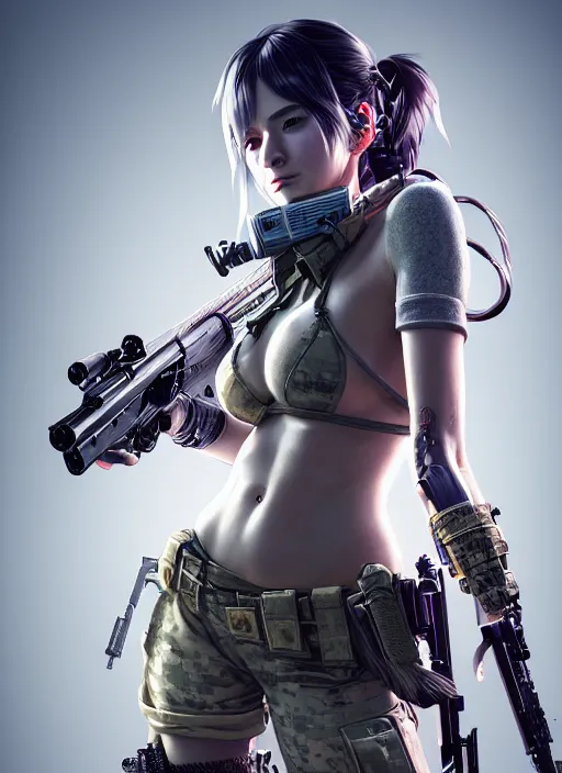 Image similar to the portrait of lawful neutral female cyberpunk marine sniper as absurdly beautiful, gorgeous, elegant, young gravure idol, an ultrafine hyperdetailed illustration by kim jung gi, irakli nadar, intricate linework, bright colors, octopath traveler, final fantasy, unreal engine 5 highly rendered, global illumination, radiant light, detailed and intricate environment