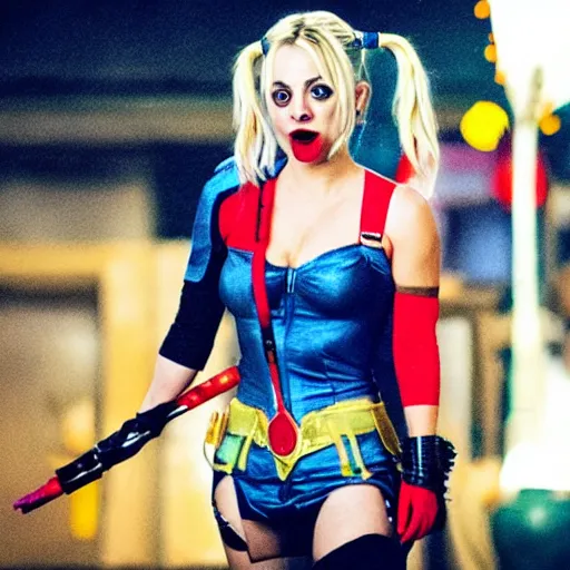 Image similar to A still of Kaley Cuoco as Harley Quinn