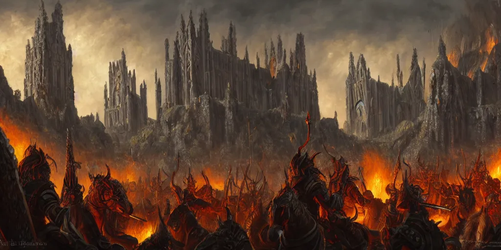 Image similar to highly detailed portrait painting of an ancient elves on hell horses war battle, abbey warhammer battle, old abbey in the background, carhedrals, giant columns, by eddie mendoza and tyler edlin, 8 k resolution