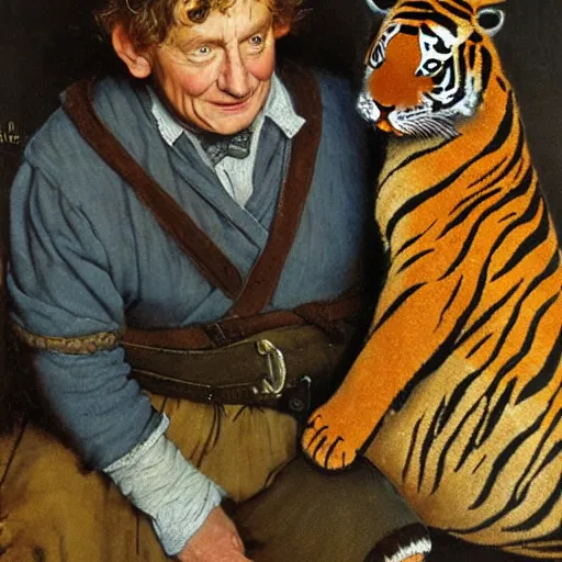 Prompt: bilbo baggins snuggles a tiger, realistic oil painting, style of norman rockwell, 8 k, super sharp, ultra detail, rule of thirds.