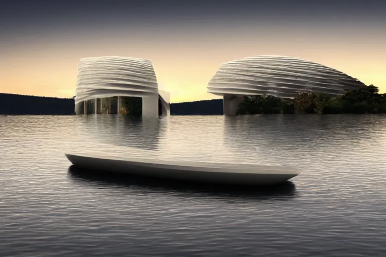 Image similar to a building formed by many multi - white eggshell shapes arranged and combined in space. on the calm lake, people's perspective modern curved architecture, future, award winning, highly detailed 4 k art, dusk, by kazuyo sejima