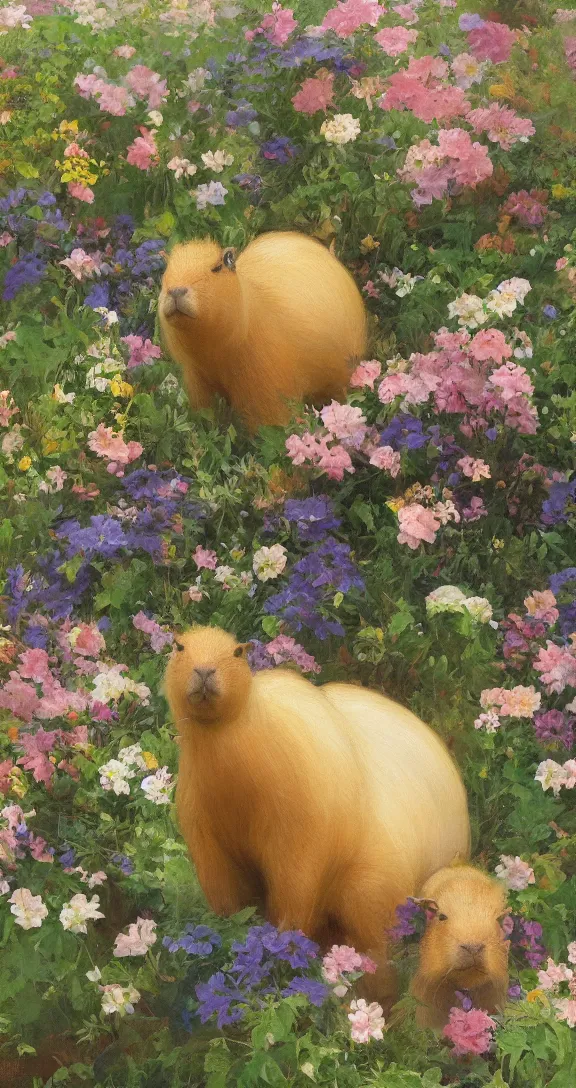 Image similar to romantic detailed portrait of a capybara surrounded by beautiful flowers, by gregory manchess, james gurney, james jean