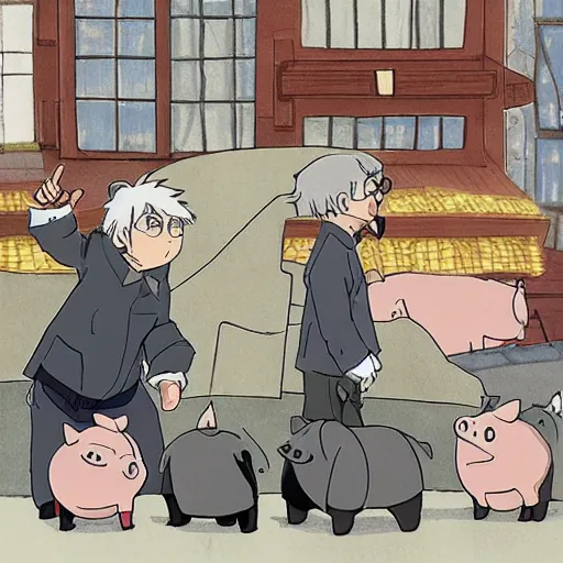 Image similar to Fall of capitalism, pigs with jackets, ghibli studio style, anime style