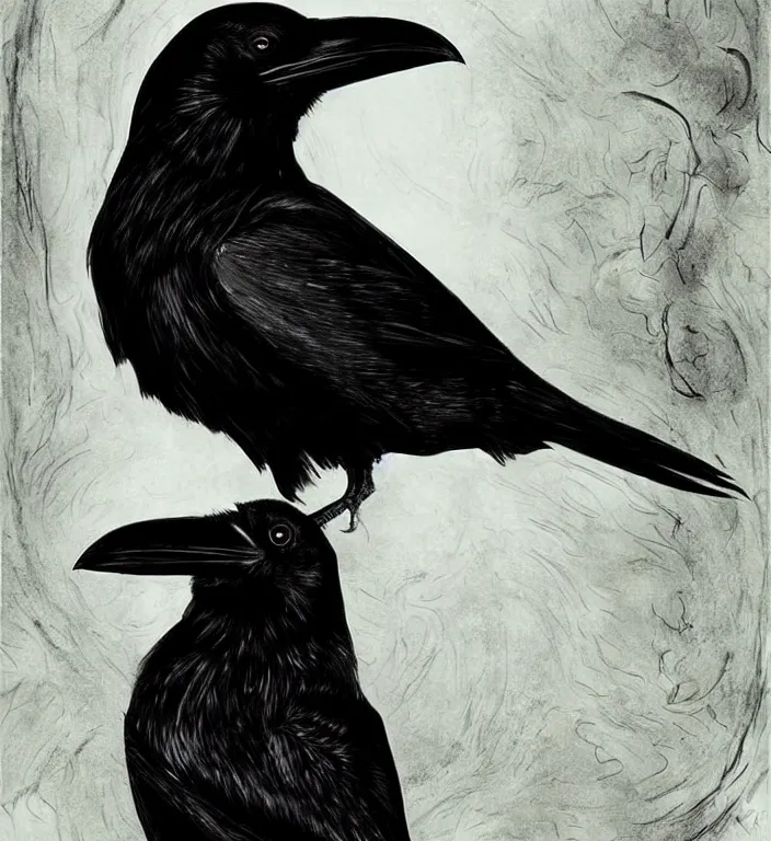 Image similar to raven bird, epic digital art, realistic, extreme detail, by edvard munch of artistic form coming into being as two elements are successfully fused.