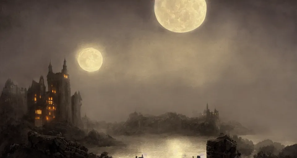 Image similar to an old castle rising up from the mist at night silhouetted by a huge moon, anders zorn, stephen hickman, brutalist, James Paick, Julian Falat, ultra realistic, trending on artstation, lava, dungeons and dragons, spooky, haunted, thomas kincade