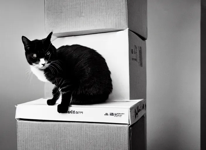 Image similar to photography of a Cat sitting on a box. in a room full of posters, photorealistic, raining award winning photo, 100mm, sharp, high res