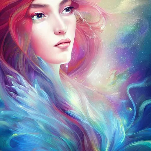 Image similar to a painting of a woman with long hair, digital art by anna dittmann, behance contest winner, psychedelic art, behance hd, detailed painting, iridescent