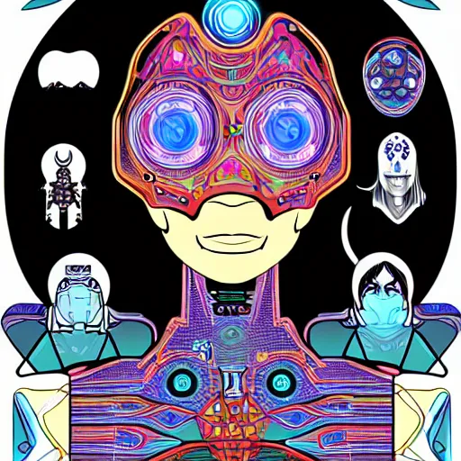 Image similar to portrait of a future metaverse cyborg tech shaman warrior, 2D cartoon, flat cartoony, visionary art, symmetric, Magick symbols, holy halo, shipi bo patterns, sci-fi