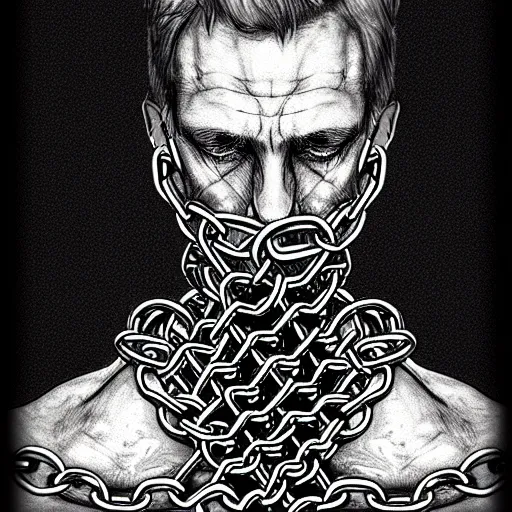 Image similar to A PORTRAIT FROM BEHIND OF A MAN ,THE THE MAN IS WRAPPED IN CHAINS ,detailed, concept art, ink style , sketch