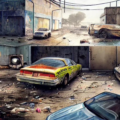 Image similar to hyper detailed and photorealistic, a number of car, dust, humus, wet street, graffiti on wall, trash scattered everywhere, abandoned car garage, 8 k, uhd, after rain, cinematic lighting, incrinate