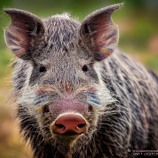 Prompt: photorealistic photograph of rainbow-colored wild boar by Suzi Eszterhas, photorealism, photorealistic, realism, real, highly detailed, ultra detailed, detailed, f/2.8L Canon EF IS lens, Canon EOS-1D Mark II, Wildlife Photographer of the Year, Pulitzer Prize for Photography, 8k