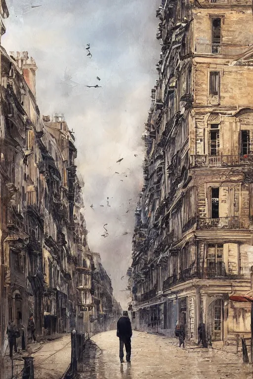 Prompt: in the foreground a Parisian street, in the background a dark-haired man from behind wearing a long matrix style jacket and starting to fly away, realistic, high definition, great detail, dramatic scene, detailed and realistic hands, symmetrical face, realistic eyes, art of franck miller
