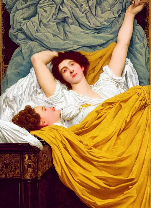 Image similar to masterpiece portrait of lady reclining on bed, rococo flowing cloth in wind raising twisting rising sheets floating in wind flying, wearing yellow ochre ornate medieval dress, vertical, foreshortening, colour photography by frederic leighton, william morris, 8 k