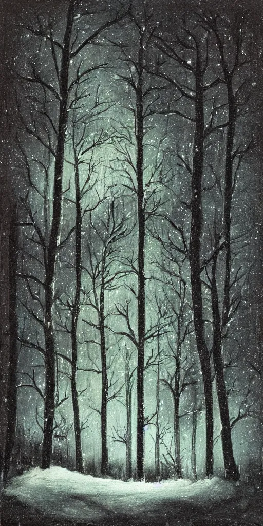 Image similar to snowy forest night scene in a single wooden cabin surrounded by the woods with one illuminated window, horror dark contrast, oil painting