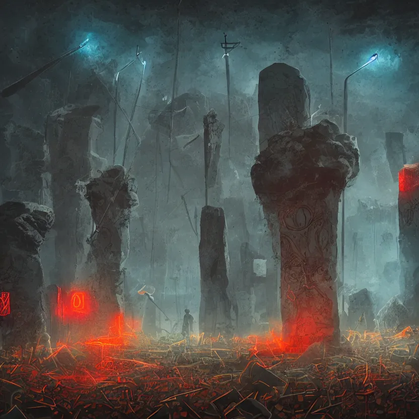 Prompt: megalithic monoliths with glowing runes emerge from a baseball field. highly detailed pulp sci - fi horror illustration art. rich colors, high contrast, gloomy atmosphere, dark background.