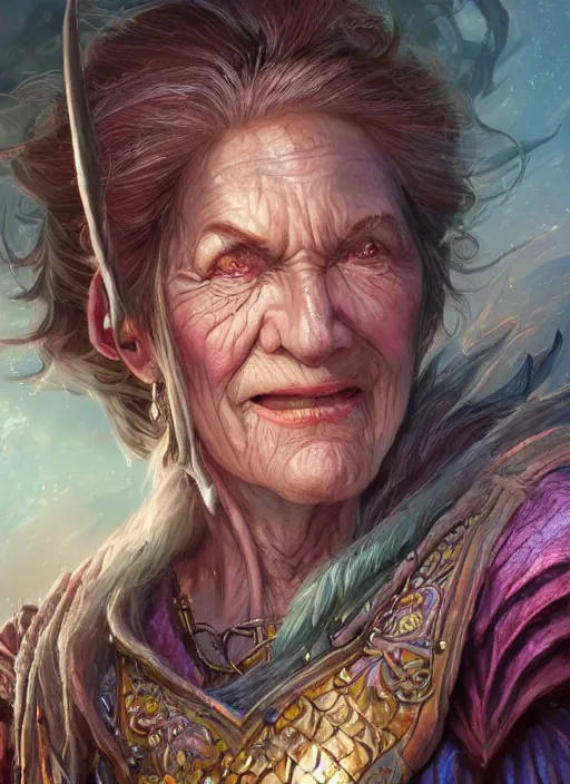 Prompt: old lady, ultra detailed fantasy, dndbeyond, bright, colourful, realistic, dnd character portrait, full body, pathfinder, pinterest, art by ralph horsley, dnd, rpg, lotr game design fanart by concept art, behance hd, artstation, deviantart, hdr render in unreal engine 5