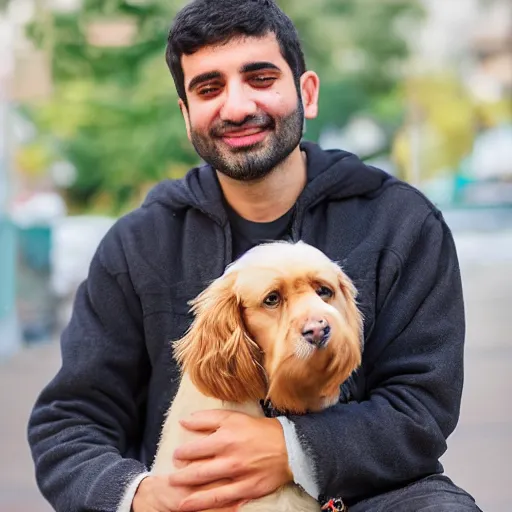 Image similar to half persian man, holding a dog