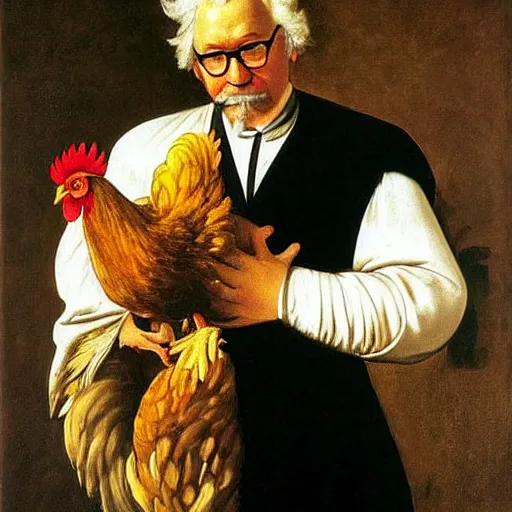 Prompt: Colonel Sanders holding a chicken. Painted by Caravaggio, high detail