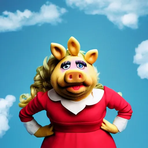 Image similar to a realistic top - down photograph of miss piggy standing next to a cloud, shot in professional studio