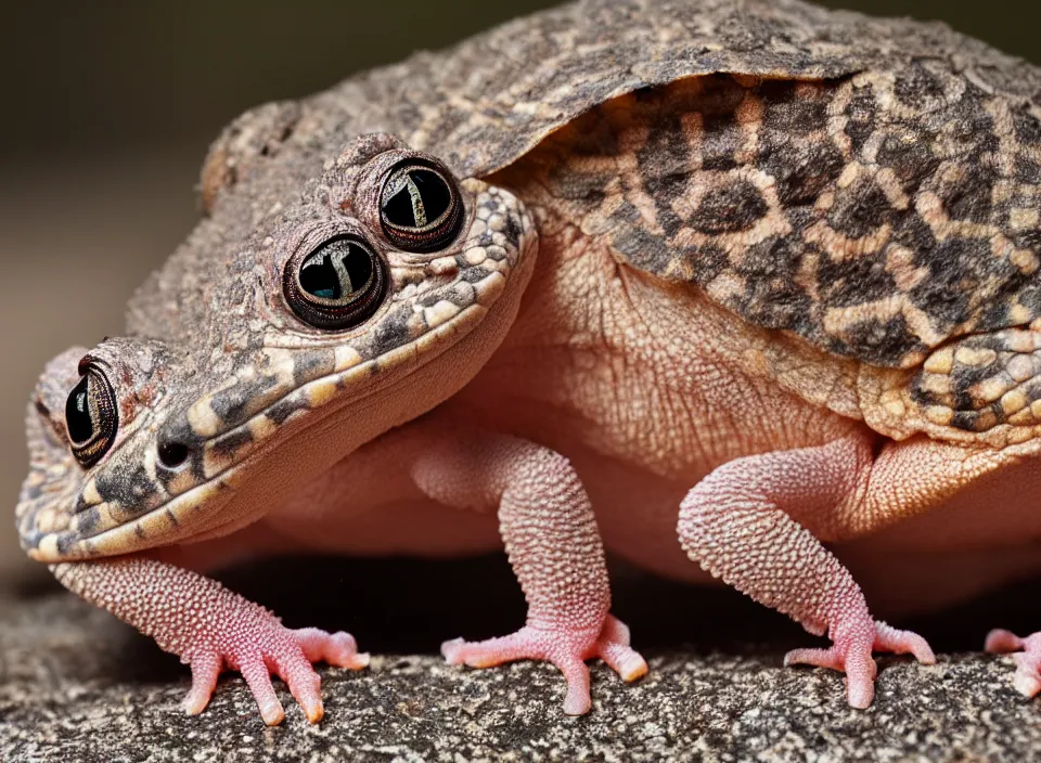 Prompt: Photo of one young New Zealand pink gecko tortoise looking at the viewer, cute, nature photography, National Geographic, 4k, award winning photo