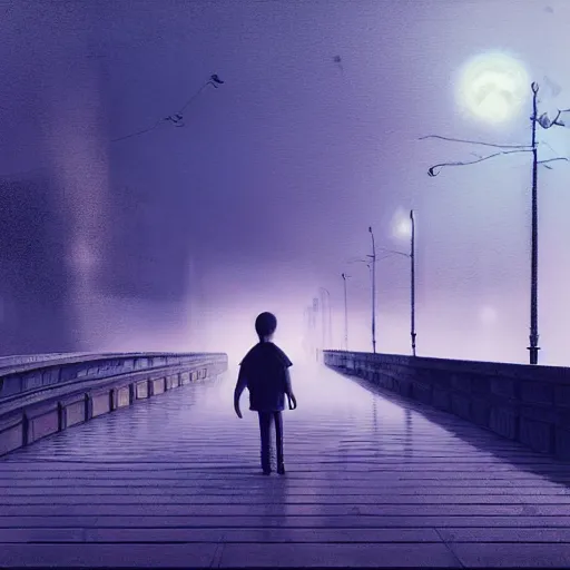 Prompt: a lonely boy on a city bridge looking to the river at night, digital painting, masterpiece, digital art, hyperrealistic, concept art, octane render, unreal engine 5, trending on deviantart, sad atmosphere, centered, anatomically correct, oil painting, high contrast, serene scenery, loneliness, path traced, dark night, paul lehr