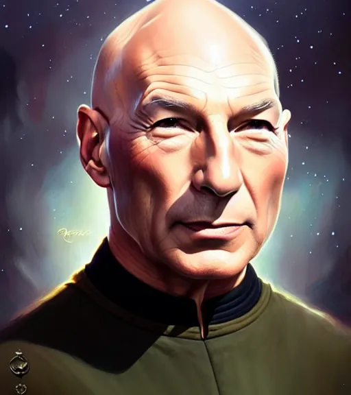 Prompt: portrait of Jean Luc Picard, intricate, elegant, highly detailed, centered, digital painting, artstation, concept art, smooth, sharp focus, illustration, by Peter Mohrbacher, WLOP