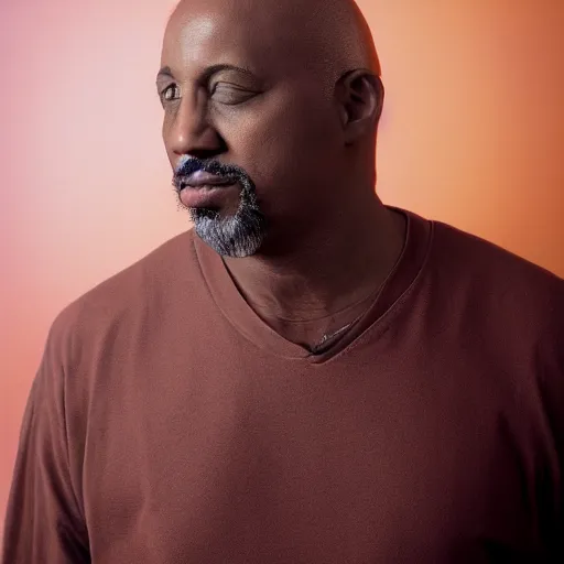 Image similar to portrait of a bald middle aged black man with a goatee and orange shirt, photo by annie leibowitz